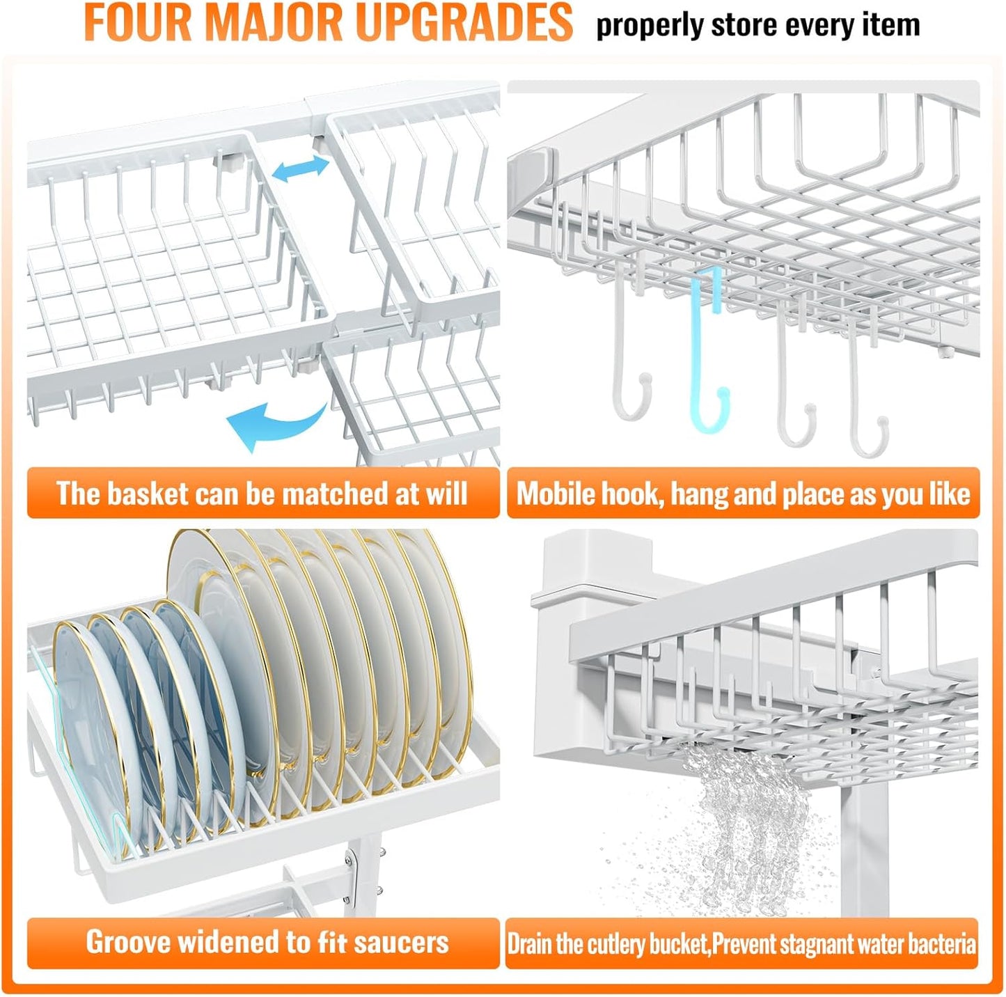 YKLSLH 4 Baskets Over The Sink Dish Drying Rack, Extendable Large Capacity Sink Rack, Metal Drying Rack Saving Space,for Most Sinks (26.57"-35")