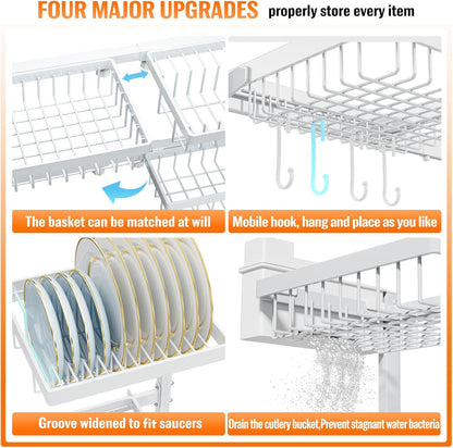 YKLSLH 4 Baskets Over The Sink Dish Drying Rack, Extendable Large Capacity Sink Rack, Metal Drying Rack Saving Space,for Most Sinks (26.57"-35")