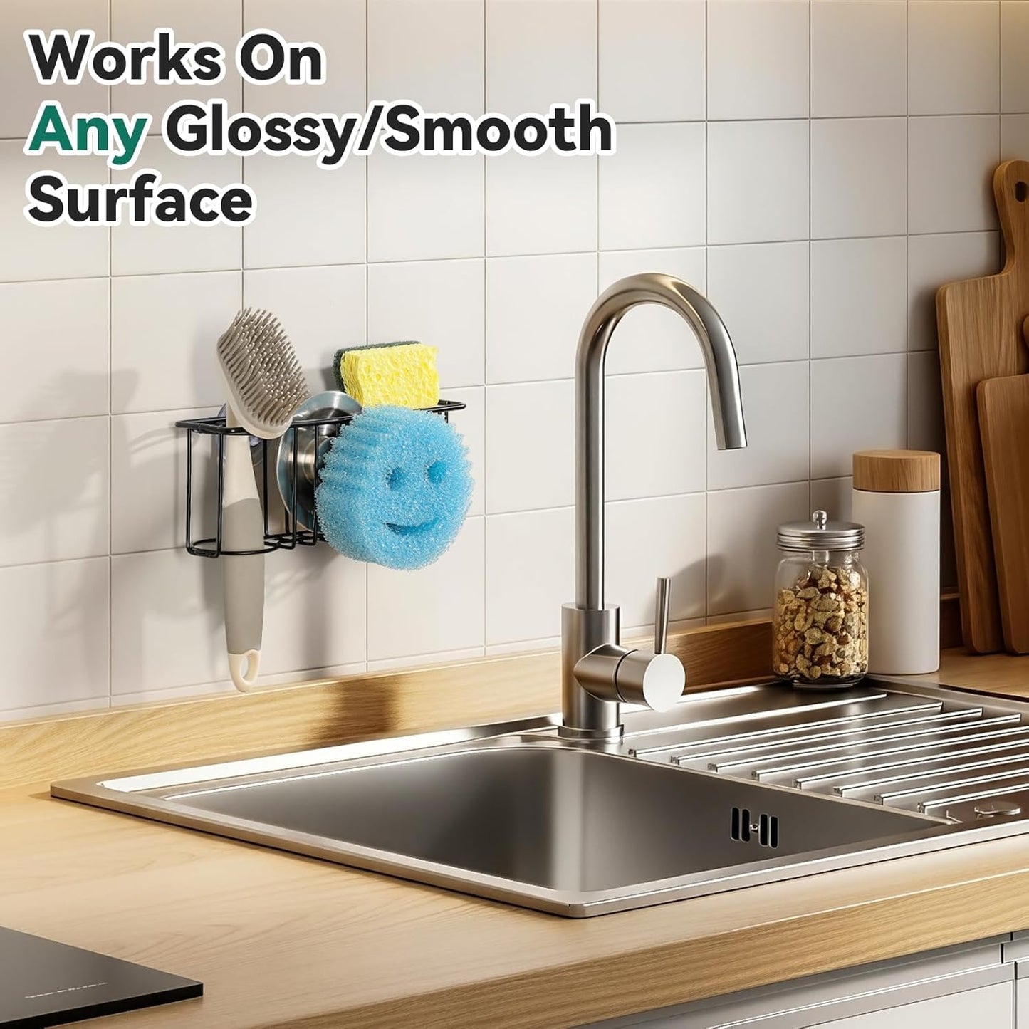 3-In-1 Sponge Holder for Kitchen Sink with Suction Cups & Adhesive Hook , In-sink Sponge Holder, Wall Hanging Sink Caddy Organizer Rack - Sponge, Dish Cloth, Brush, Scrubber - 304 Stainless Steel