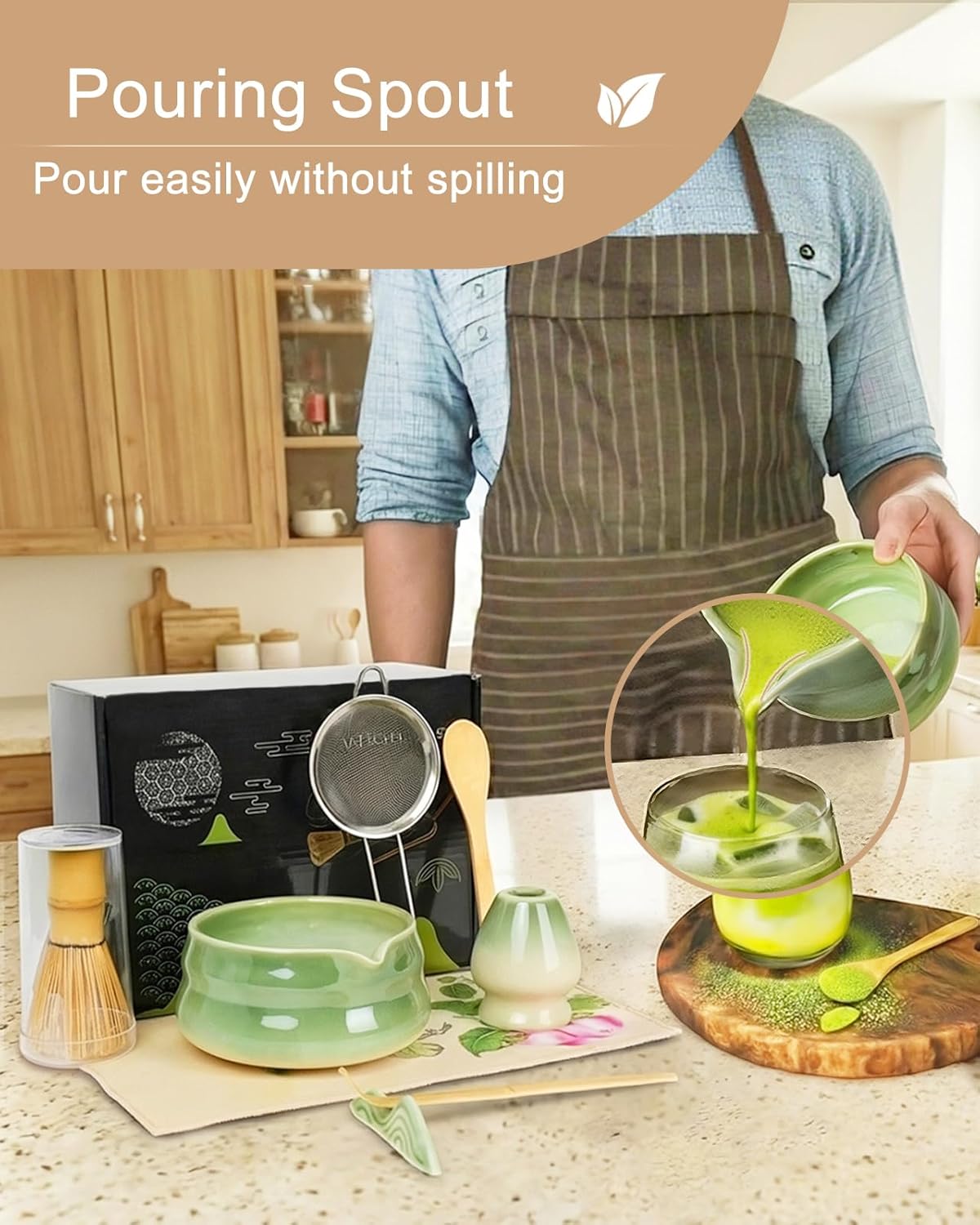 Matcha Whisk Set - 8Pcs Matcha Set includes Bowl, Whisk and Holder, Bamboo Scoop, Scoop Rest, Spoon, Sifter and Tea Towel, for Matcha Lovers, Gift- Green