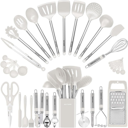 Kitchen Utensil Set-Silicone Cooking Utensils-33 Kitchen Gadgets & Spoons for Nonstick Cookware-Silicone and Stainless Steel Spatula Set-Best Kitchen Tools, Useful Pots and Pans Accessories