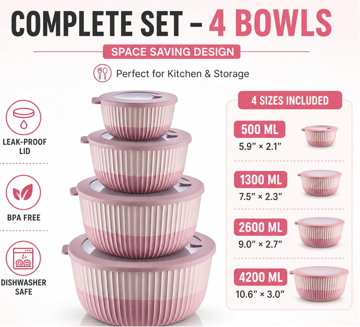 Mixing Bowls with Lids, 8-Piece Airtight Leak-Proof Nesting BPA-Free Bowl Set for Kitchen & Food Storage, Large 4200ml Capacity, Microwave & Dishwasher Safe