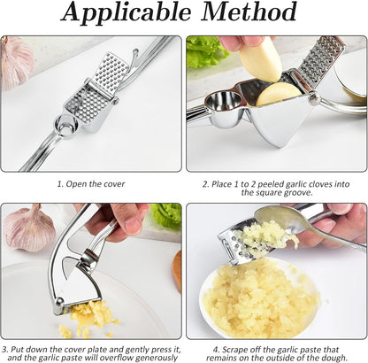 Premium Zinc Alloy Garlic Press, Heavy Duty Rust-Proof Garlic Crusher Mincer with Ergonomic Handle, Dishwasher Safe Easy Squeeze & Clean Kitchen Tool - Silver