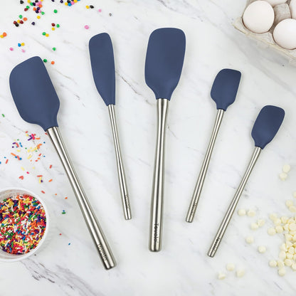 Tovolo Stainless Steel Handled Silicone Spatula Set of 5 White, Dishwasher Safe Kitchen Spatula Set for Cooking Baking, Non Toxic BPA Free Silicone Spatula set with Metal Steel Handle
