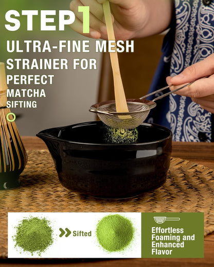 Matcha Whisk Set - 5PCS Matcha Set Includes 17OZ Chawan with Spout, Bamboo Chasen Whisk with Ceramic Holder, Matcha Scoop and Stainless Sifter, Matcha Kit for Ceremony, Gift for Matcha Lovers