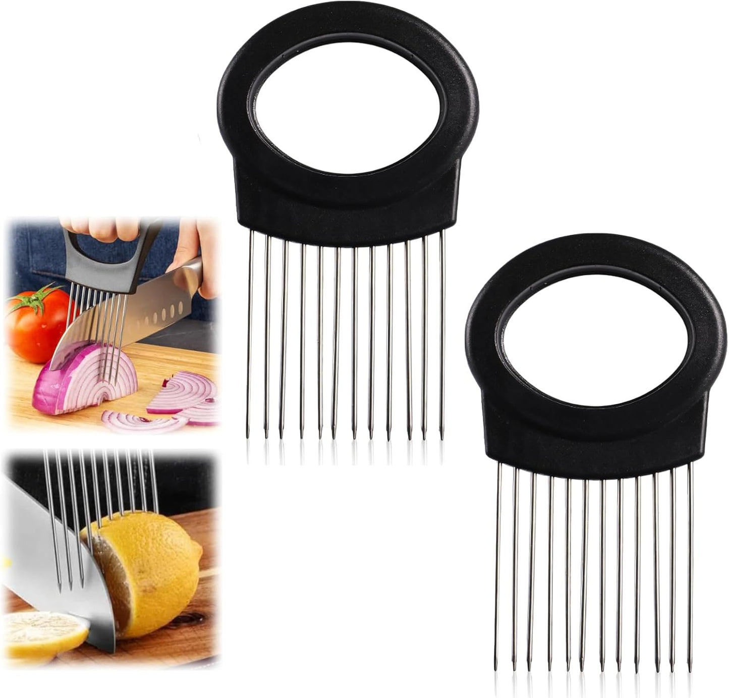 Upgrade Onion Holder for Slicing, Stainless Steel Lemon Slicer Onion Cutter for Slicing, Vegetable Cutter for Potato and Tomato, Avocados, Eggs, Meat, Kitchen Chopper Slicings Tool (Black, 1PC)