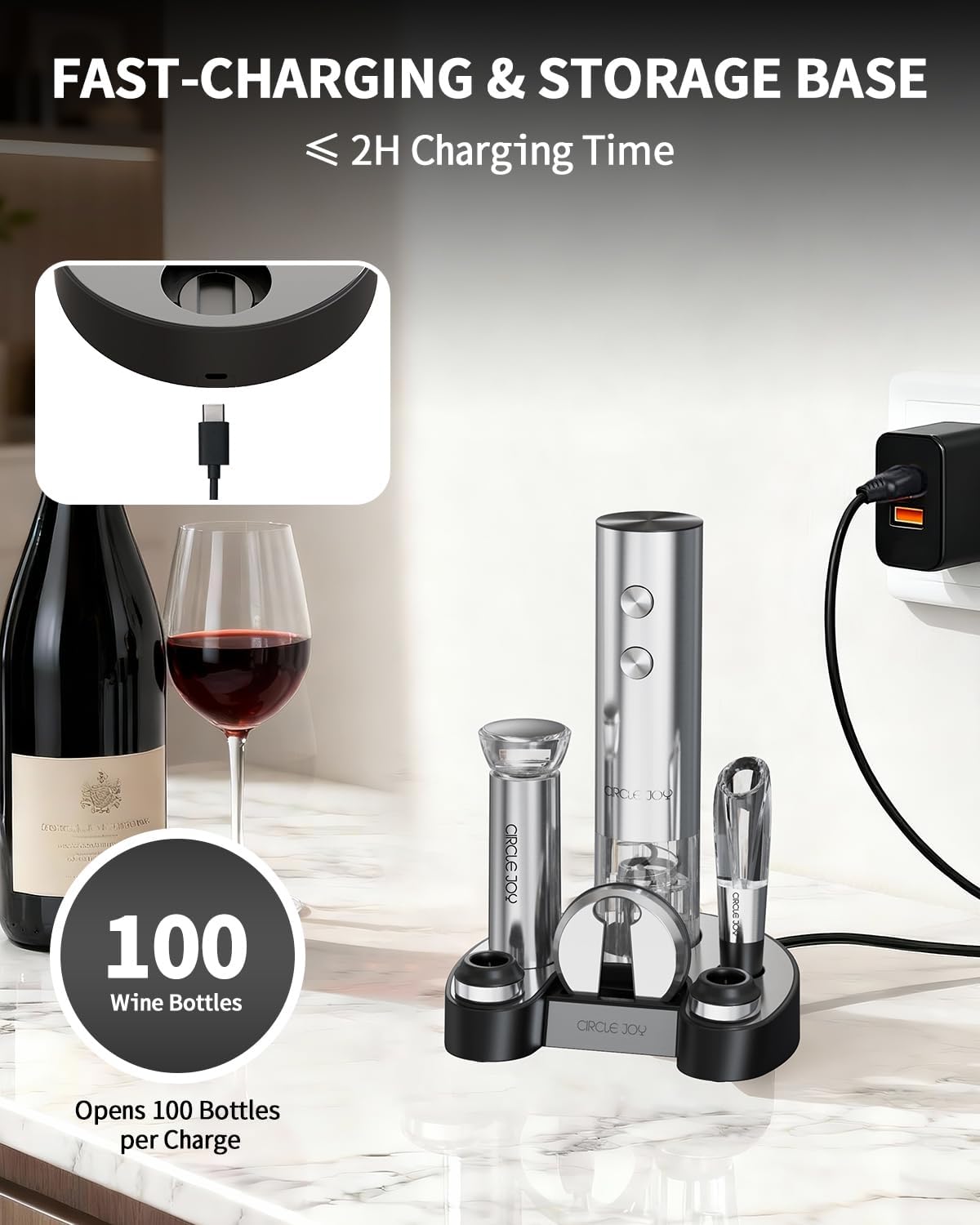 CIRCLE JOY Electric Wine Opener Stainless Steel Rechargeable Automatic Wine Bottle Opener Set 7-in-1 Wine Gifts for Wine Lovers with Charging Base, Foil Cutter, Wine Aerator Pourer & 2 Vacuum Stoppers