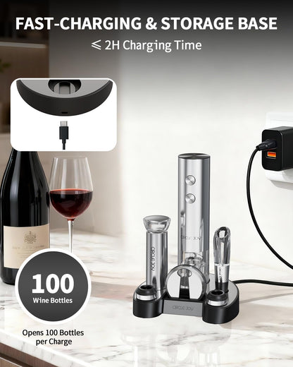 CIRCLE JOY Electric Wine Opener Stainless Steel Rechargeable Automatic Wine Bottle Opener Set 7-in-1 Wine Gifts for Wine Lovers with Charging Base, Foil Cutter, Wine Aerator Pourer & 2 Vacuum Stoppers