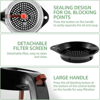 Fat Separator with Bottom Release and Oil Strainer Gravy Separator 4 Cups or 1000ml Fat Strainer Measuring Cup Plastic Soup Oil Separator Fat Skimmer for Gravy Sauces and Other Liquids Black
