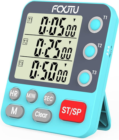 Digital Dual Triple Kitchen Timer, 3 Channels Magnetic Countdown Stopwatch Timer for Cooking, Loud Alarm Large Display Multi Food Memory Timer for Seniors & Teachers Battery Included (Blue)