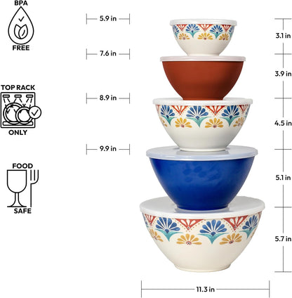 Rio Medallion Set of 5 Melamine Mixing Bowls with Lids for Mixing and Kitchen Storage