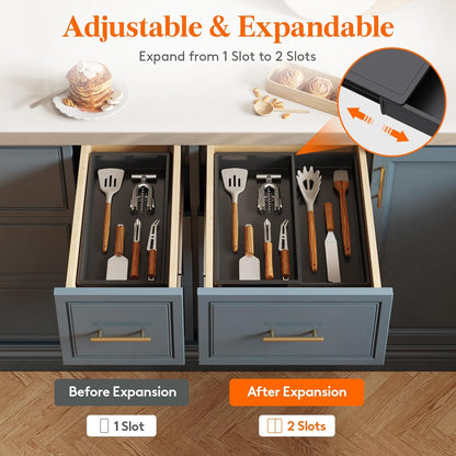 Lifewit Utensil Organizer for Kitchen Drawer, Expandable Cooking Silverware Tray, Adjustable Cutlery Flatware Holder, Plastic Spatula Tools Storage Divider, 14.4 x 15.8", Black