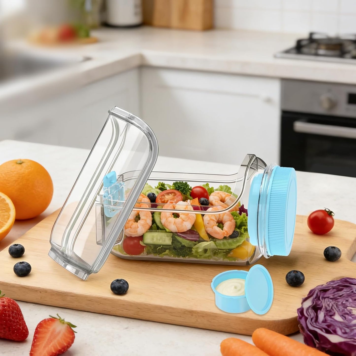 FNHMSL Side-Opening Mason Salad Jar, Portable (35 oZ) 1000ml Salad Container with Leakproof Dressing Cup, Includes Spoon and Cleaning Brush, Perfect for Meal Prep, Gym, Office, Picnic and Travel