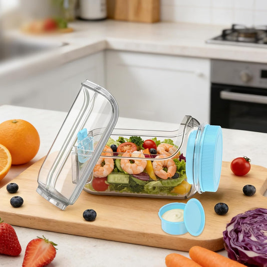 FNHMSL Side-Opening Mason Salad Jar, Portable (35 oZ) 1000ml Salad Container with Leakproof Dressing Cup, Includes Spoon and Cleaning Brush, Perfect for Meal Prep, Gym, Office, Picnic and Travel