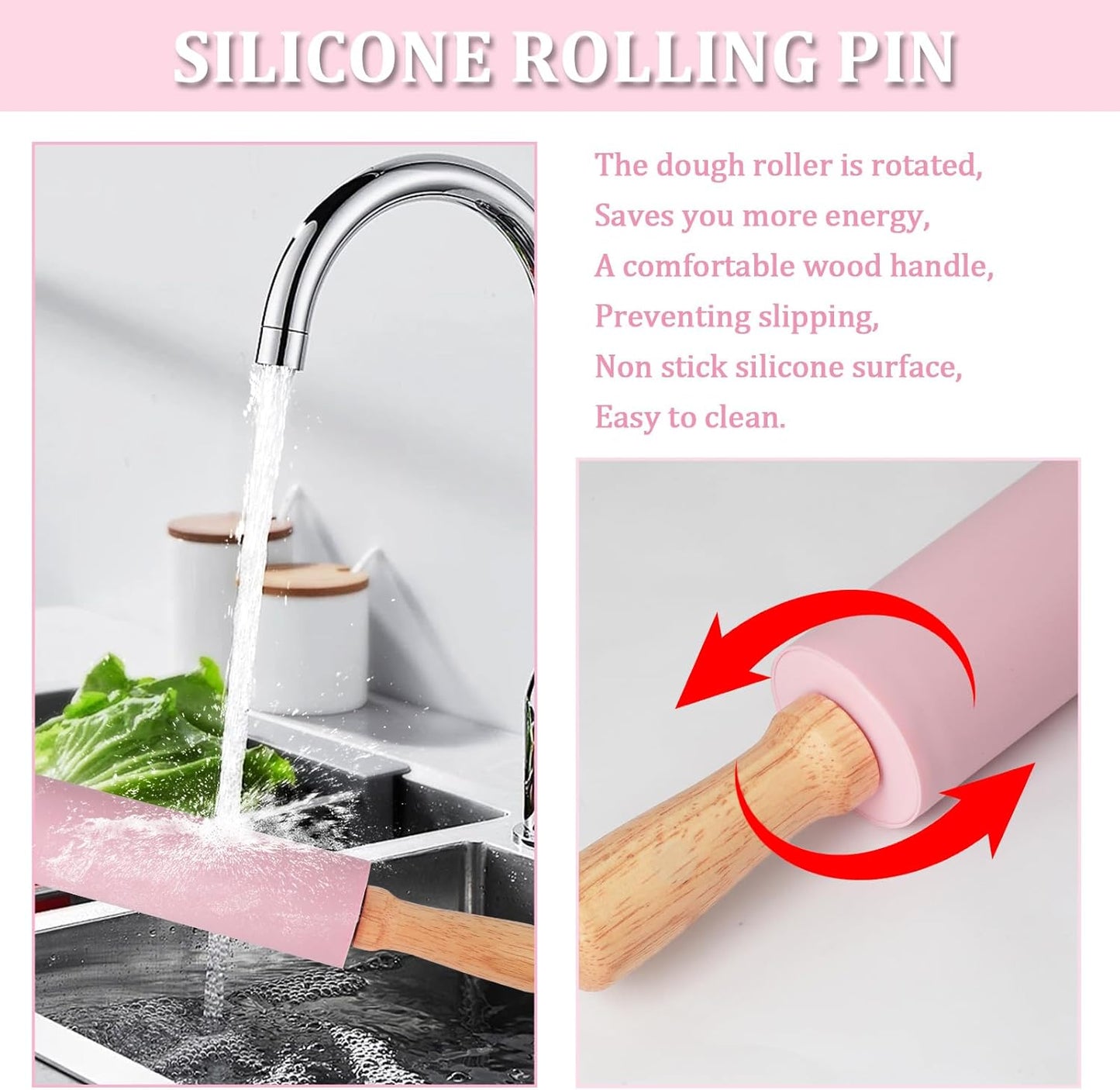 Silicone Rolling Pin for Baking,15Inch Pastry Dough Roller with Wooden Handle,Non Stick Surface Rolling Pin for Dough Cookie Pastry Tapered Dumpling Baking Supplies Kitchen Accessories