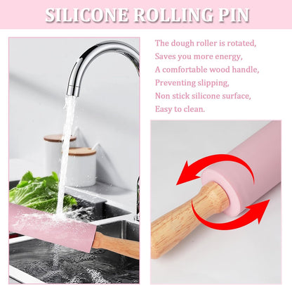 Silicone Rolling Pin for Baking,15Inch Pastry Dough Roller with Wooden Handle,Non Stick Surface Rolling Pin for Dough Cookie Pastry Tapered Dumpling Baking Supplies Kitchen Accessories