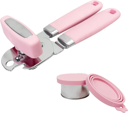 Manual Can Opener, Handheld Comfortable Grip, Oversized Easy Turn Knob, Built in Bottle Opener, Hangs for Convenient Kitchen Storage, Easily Open Tin Cans for Smooth Edge, Pink (Pink, Single)