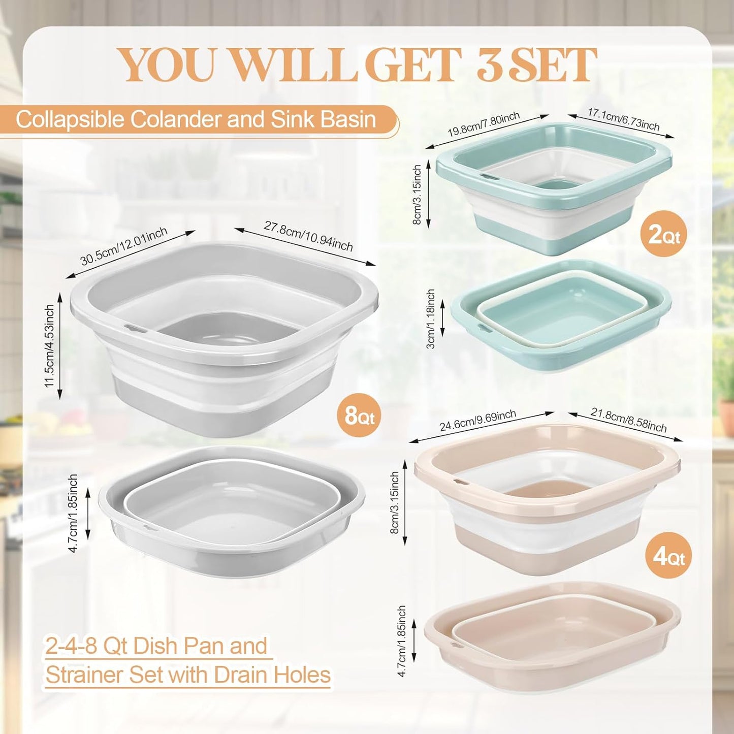 3 Set Collapsible Colander and Sink Basin 2-4-8 Qt Dish Pan and Strainer Set with Drain Holes 2-in-1 Foldable Fruit Vegetable Washing Basket for Kitchen Camping Travel (Green, Pink, Gray)