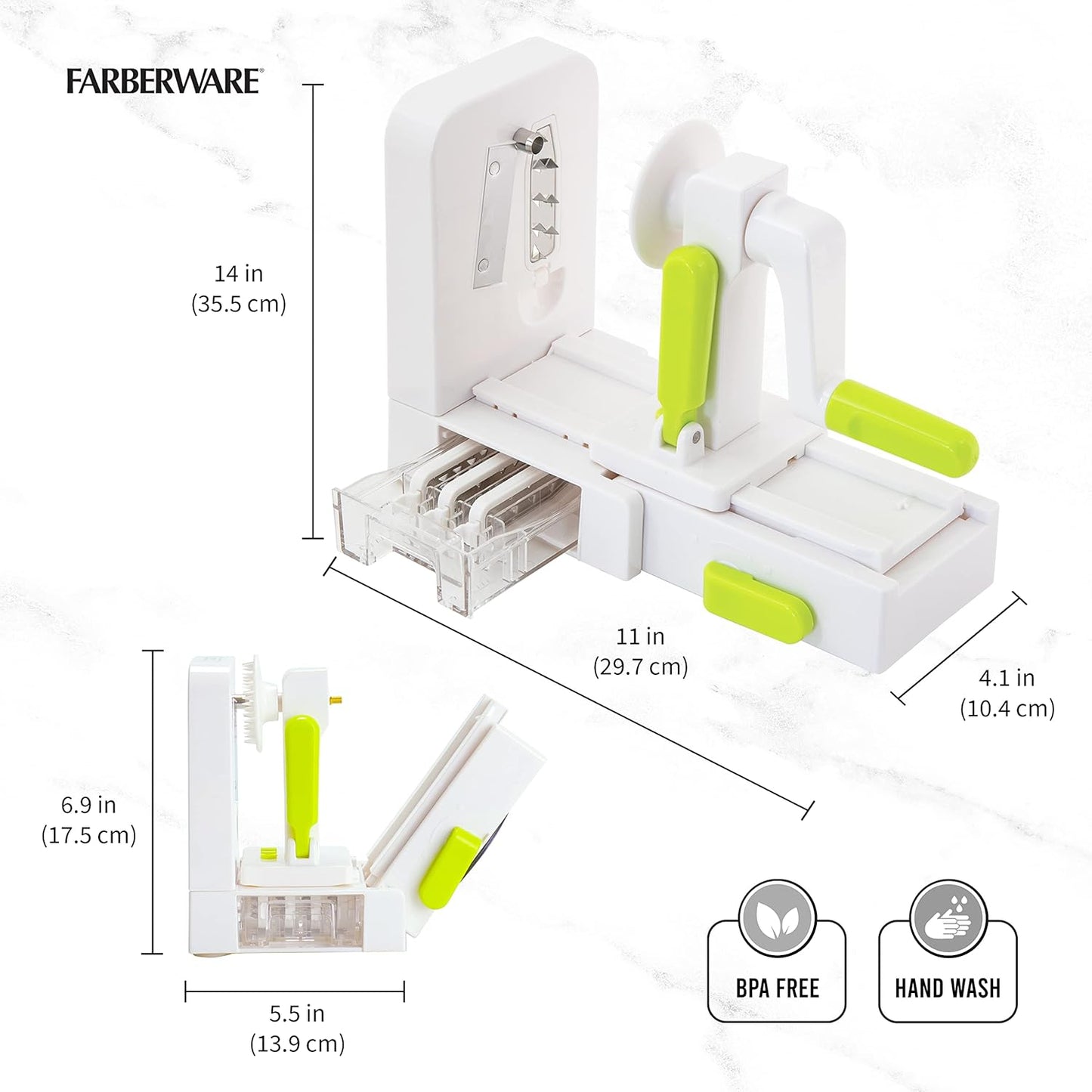 Farberware Professional Foldable Fruit And Vegetable Spiralizer Slicer Easy Store Fold And Lock With 4 Blades And Built In Blade Storage Caddy, White