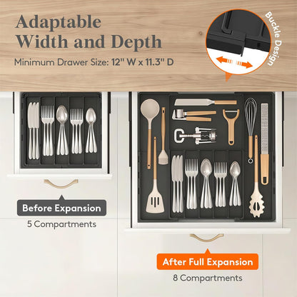 Lifewit Silverware Drawer Organizer, Expandable Utensil Tray for Kitchen, BPA Free Flatware and Cutlery Holder, Adjustable Plastic Storage for Spoons Forks Knives, 4-7 Slots, Black