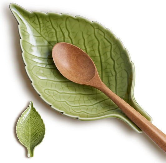 Ceramic Leaf Spoon Rest - Cute Green Cooking Spoon Holder for Stove Top & Kitchen Counter, Heat Resistant Spatula & Utensil Rest, Unique Kitchen Decor Gift, 1 Pack