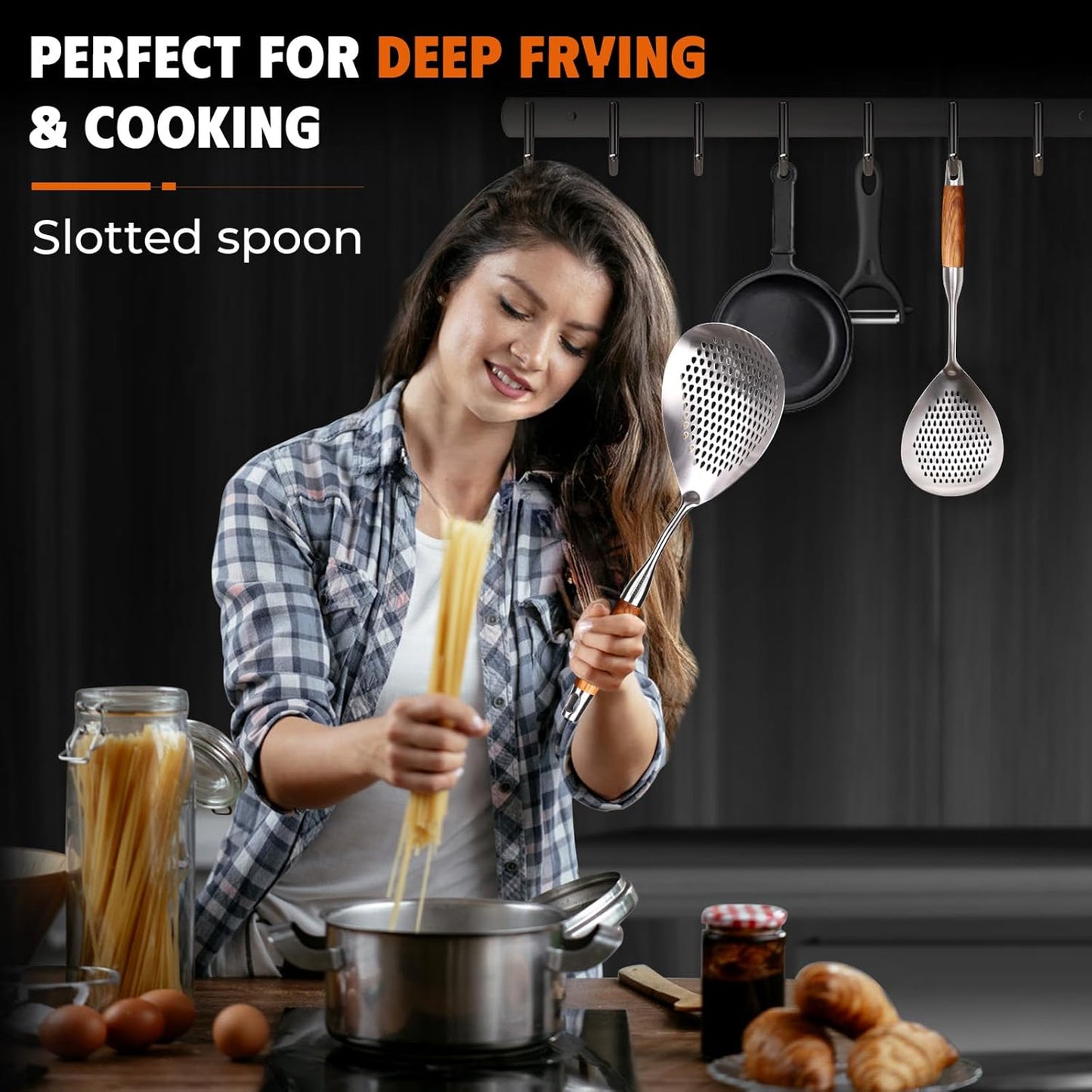 MARTE Skimmer Slotted Spoon Set of 4 - Kitchen Pasta Strainer Spoon - Spider Strainer Skimmer Ladle Spoon with Holder for Cooking and Frying Food, Spaghetti, Vegetable, Dumpling - 14.8In,16.5In,17In