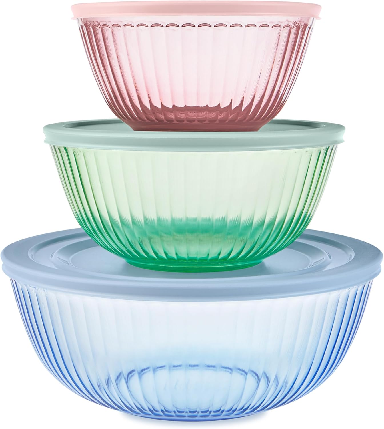 Pyrex Colors Tinted (3-Pack, Full Set) Sculpted Tinted Glass Mixing Bowls With Plastic Lids, Nesting Space Saving Set of Bowls For Prepping and Baking, 1.3QT, 2.3QT & 4.5QT