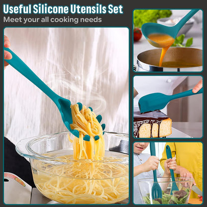 E-far Silicone Cooking Utensils Set, 7-Piece Black Heat Resistant Kitchen Utensils Set, Kitchen Nonstick Tools Spatula Ladle Spoon Pasta Server for Non-stick Cookware, Non-Toxic & Dishwasher safe