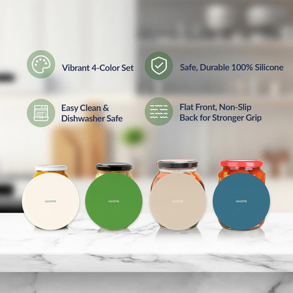 NIHOME Silicone Jar Opener – 6 Inch Large Anti-Slip Grip Pads, Premium 100% Food-Grade Silicone, Stylish Designer Colors, Multi-Purpose Heat-Resistant Mat & Coaster, Set of 4