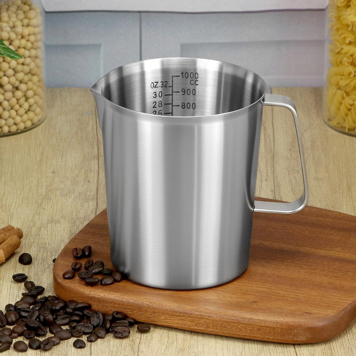 QWORK 304 Stainless Steel Measuring Cup 32 OZ with OZ/ML Graduations, 4 Cup Kitchen Mixing Pitcher, Precision Engraved Markings, Container for Baking and Frothing, 1 Liter