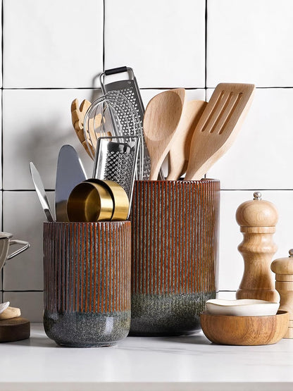 LE TAUCI Utensil Holder for Kitchen Counter, 7.3"+5.4" Fluted Ceramic Utensil Crock Organizer for Countertop, Heavy Large Holder for Spatulas, Spoons, Set of 2, White, Kitchen Counter Decor