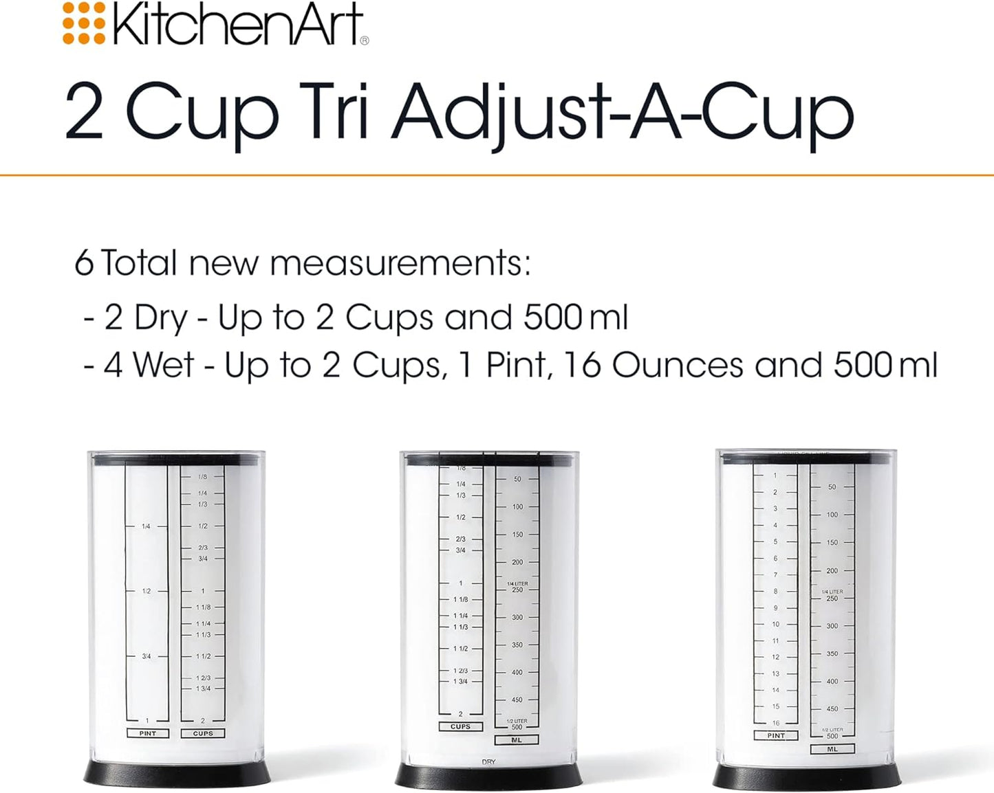 KitchenArt 2 Cup Tri Adjust A-Cup, Easy Pour Measuring Cup, 3.25x3.25x6", Black/White