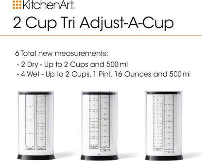 KitchenArt 2 Cup Tri Adjust A-Cup, Easy Pour Measuring Cup, 3.25x3.25x6", Black/White