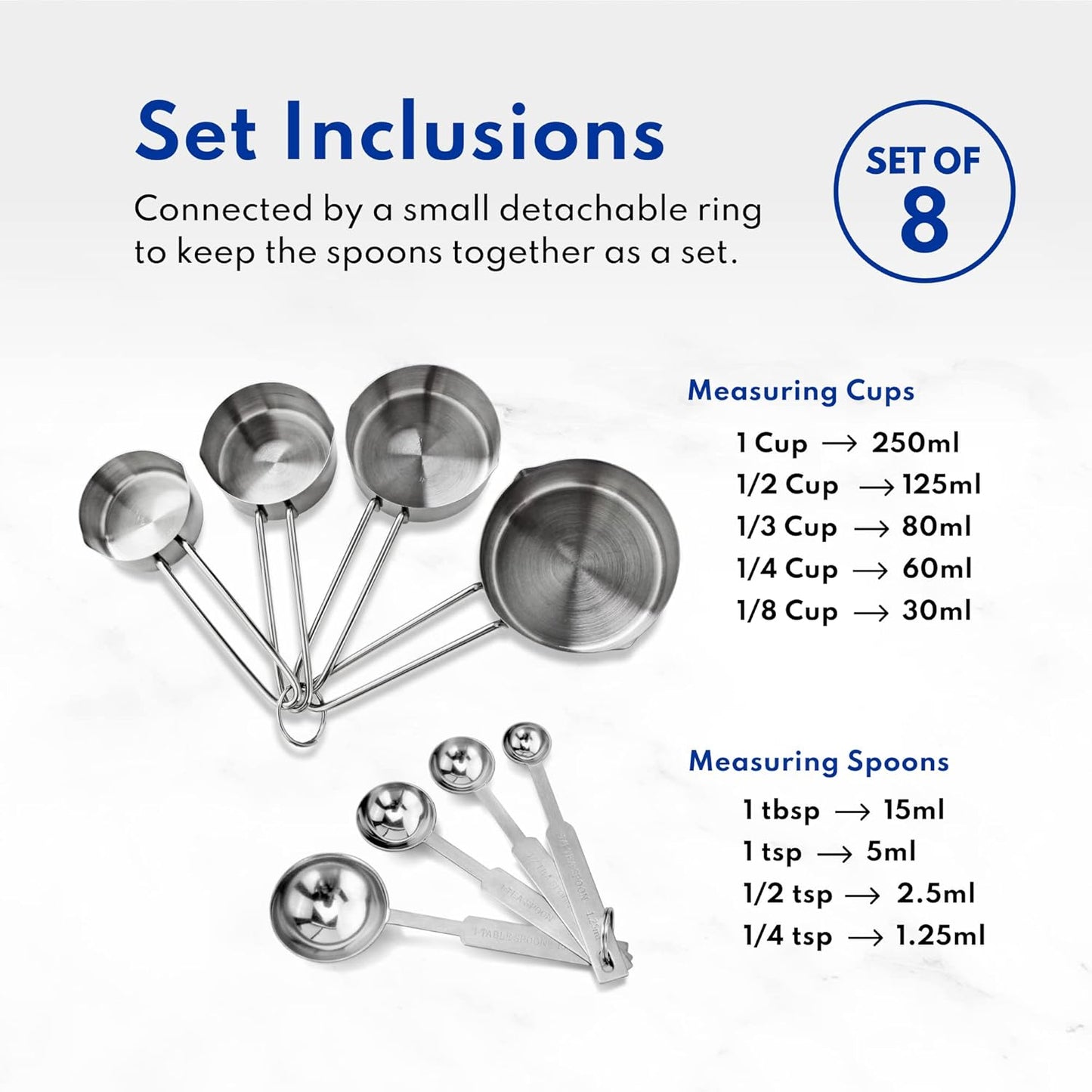 New Star Foodservice 42917 Stainless Steel Measuring Cups and Spoons Set, 8-Piece Metal Measuring Set for Baking, Cooking, Dry and Liquid Ingredients, Restaurant Grade, Silver