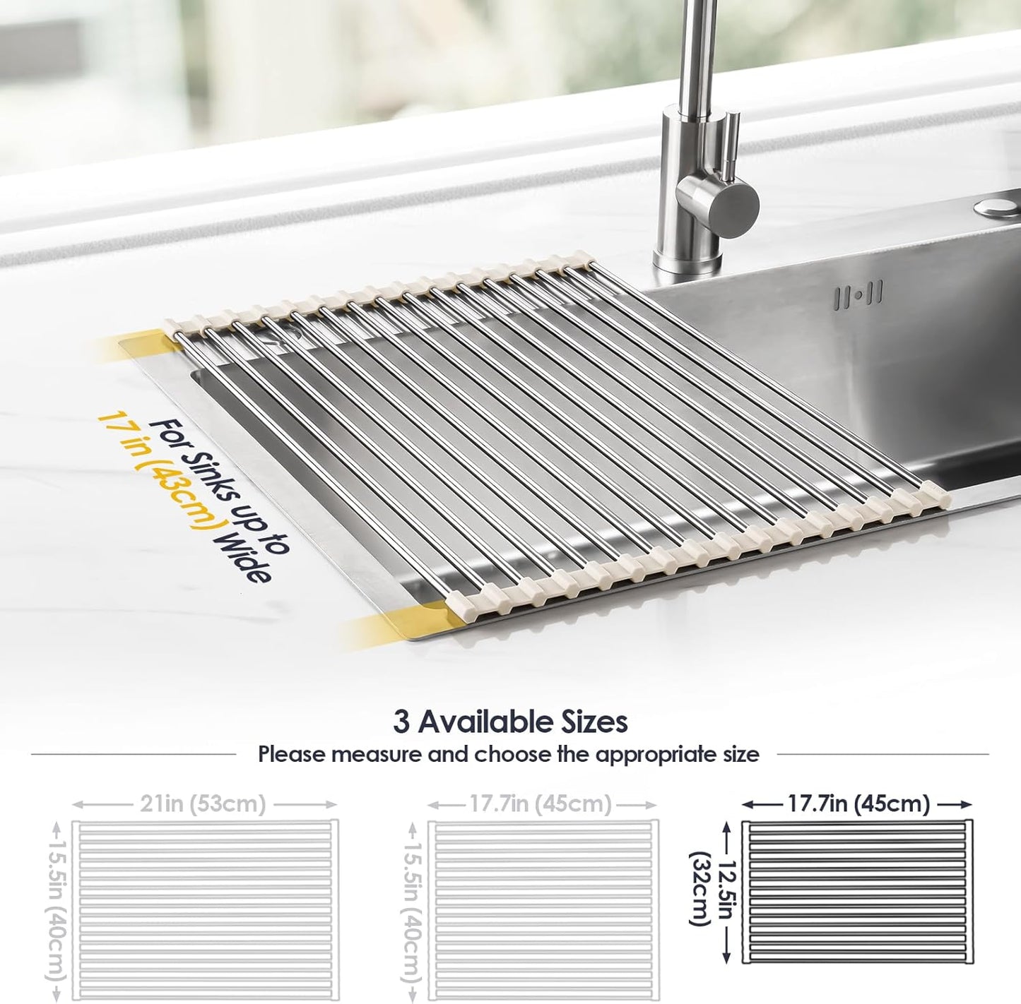 Tomorotec 17.7" x 15.5" Roll Up Dish Drying Rack Over Sink Drying Rack Sink Cover Kitchen Sink Accessories Gadget Multipurpose Organizer Foldable Stainless Steel Drainer