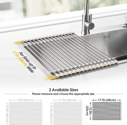Tomorotec 17.7" x 15.5" Roll Up Dish Drying Rack Over Sink Drying Rack Sink Cover Kitchen Sink Accessories Gadget Multipurpose Organizer Foldable Stainless Steel Drainer