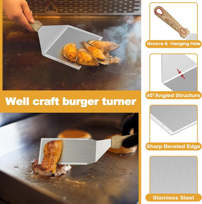 HaSteeL Griddle Accessories Kit of 5, Heavy Duty Metal Spatula, Professional Stainless Steel Flat Top Griddle Tools Set, Pancake Flipper/Griddle Scraper/Hamburger Turner for BBQ Grilling Cast Iron