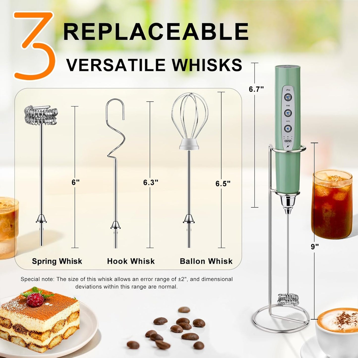 YUSWKO Black Handheld Milk Frother Wand for Coffee, Rechargeable Electric Whisk with 3 Heads 3 Speeds Drink Mixer Coffee Frother For Latte, Cappuccino, Hot Chocolate, Egg