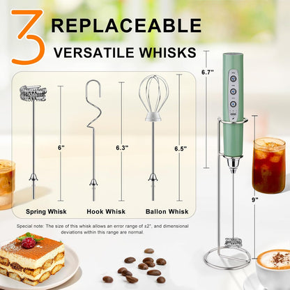 YUSWKO Black Handheld Milk Frother Wand for Coffee, Rechargeable Electric Whisk with 3 Heads 3 Speeds Drink Mixer Coffee Frother For Latte, Cappuccino, Hot Chocolate, Egg