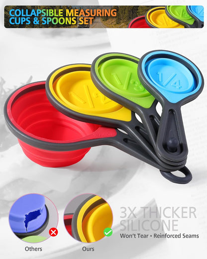 Measuring Cup and Spoon Set, Collapsible Measuring Cup, 8 Piece Measuring Tools and 1 Funnel, Engraved Metric/US Markings, for Liquid and Dry Measurements, Space Saving, BPA Free Silicone, Colorful