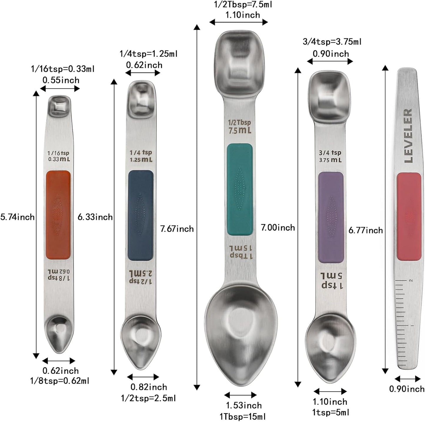 Magnetic Measuring Spoons Set Stainless Steel Double Sided Measuring Spoons with 1 Leveler Measuring Teaspoon Tablespoon for Dry and Liquid Ingredients (5, Black)