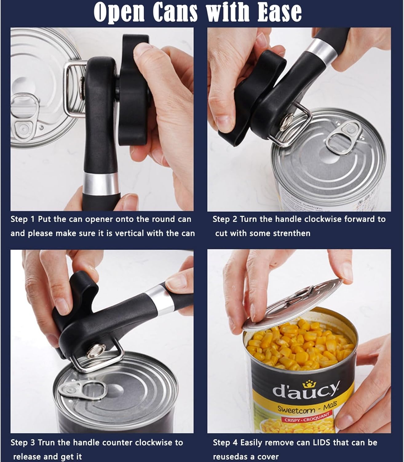 Side Cut Can Opener Smooth Edge, Safety Can Opener with Durable Sharp Blade, Big & Soft Turn Knob & Comfortable Non-Slip Handle, Black