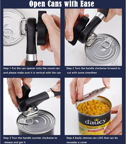 Side Cut Can Opener Smooth Edge, Safety Can Opener with Durable Sharp Blade, Big & Soft Turn Knob & Comfortable Non-Slip Handle, Black