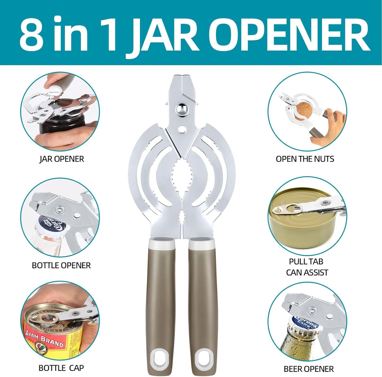 Jar Opener, Multi Jar Opener for Weak Hands, Stainless Steel Jar Lid Opener, Beer Bottle Opener for Arthritic Hands, Seniors with Arthritis