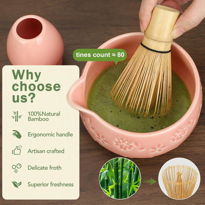 Matcha Whisk Set, Ceramic Matcha Set with Bowl, Chasen Holder, Scoop Rest, Sifter, 8-Pcs Japanese Ceremony Matcha Kit–Matcha Lovers Gift for Women Mom Girl Friend-Matcha Green