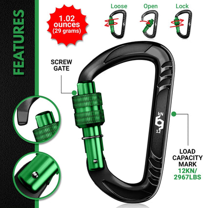 Rhino Produxs 12kN (2697 lbs) Heavy Duty Carabiner Clips, for Securing Pets, Outdoor, Camping, Hiking, Hammock, Dog Leash Harness, Keychains
