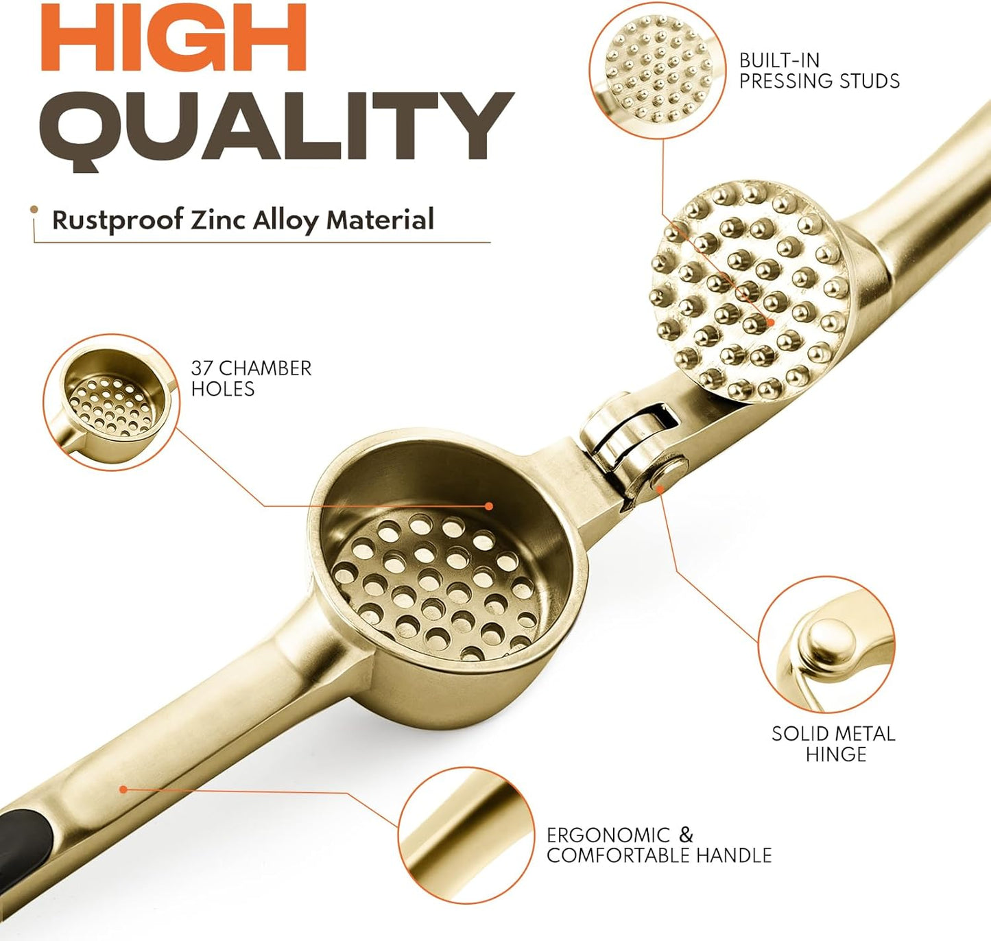 Kitchen Garlic Press, Rust Proof & Dishwasher Safe Garlic Mincer, Durable Garlic Crusher Set with Peeler＆Brush, Easy to Clean and Squeeze, Matte