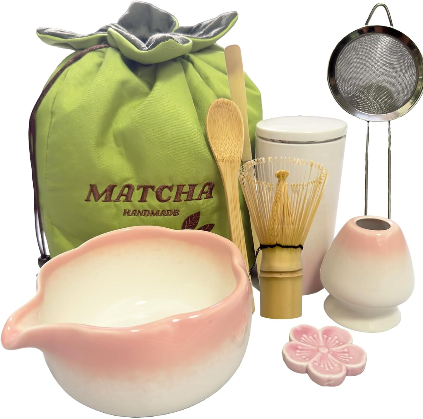 10 Sets Matcha with Whisk, Matcha Bowl with Whisk Holder and Spoon Rest All In One Bag, Sakura pink and Green, Perfect for Enthusiasts, Gift-giving