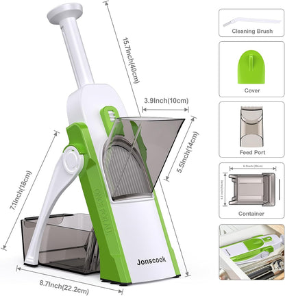Safe Mandoline Slicer for Kitchen, Adjustable Thickness 0.1-8 mm, 5 in 1 Multi Vegetable Chopper, Potato Slicer, Food Chopper French Fry Cutte, Paring Knife/Cleaning Brush, Mandolin (BlackKnight)