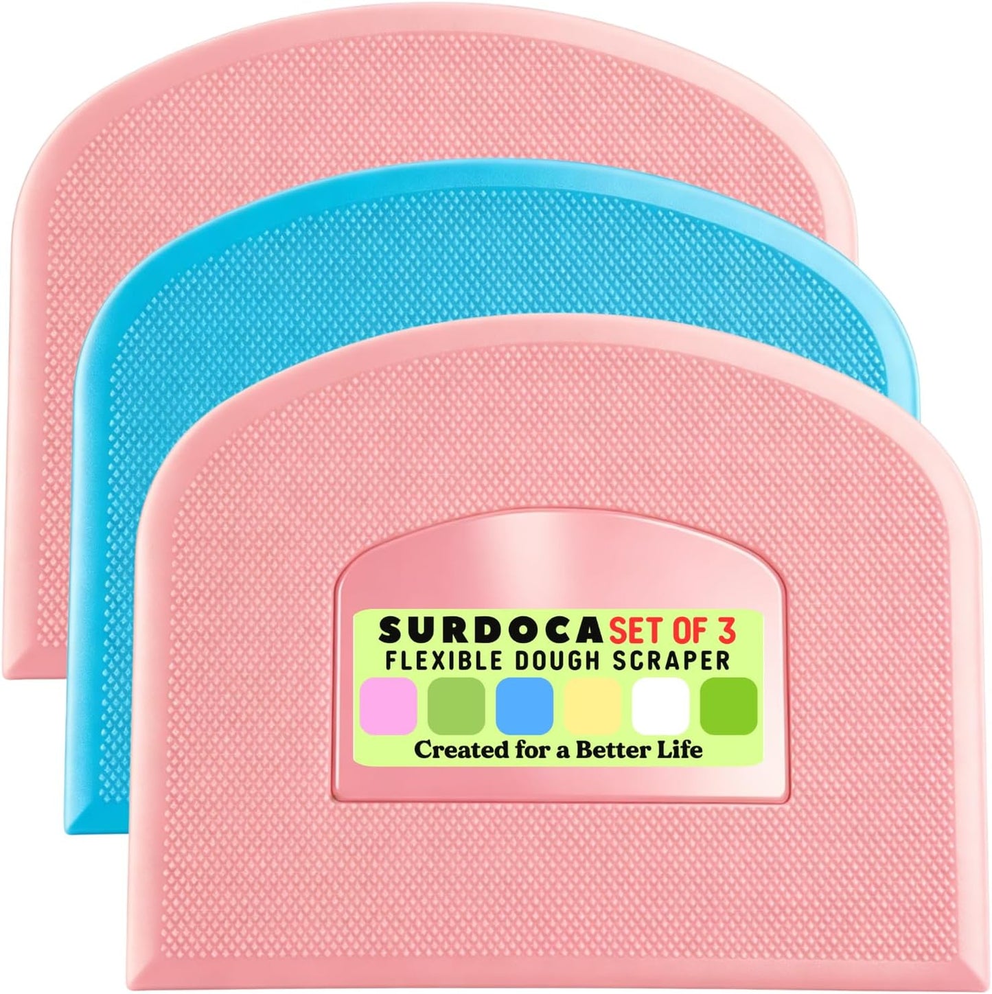 SURDOCA Dough Scraper Bench Scraper - 3P 4.7x3.7" Plastic Flexible Bowl Scraper, Sharp Edge & Angles Cake Scraper. Non-Slip Bakeware Decorating Tools Sculpting & Modeling Tools - Green+White+Green - Colors A